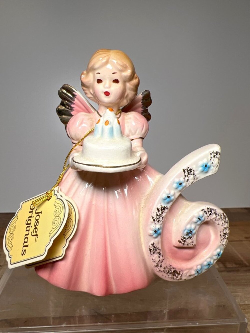Josef Originals Vintage Angel Figurine With Number 6 Pink & Gold